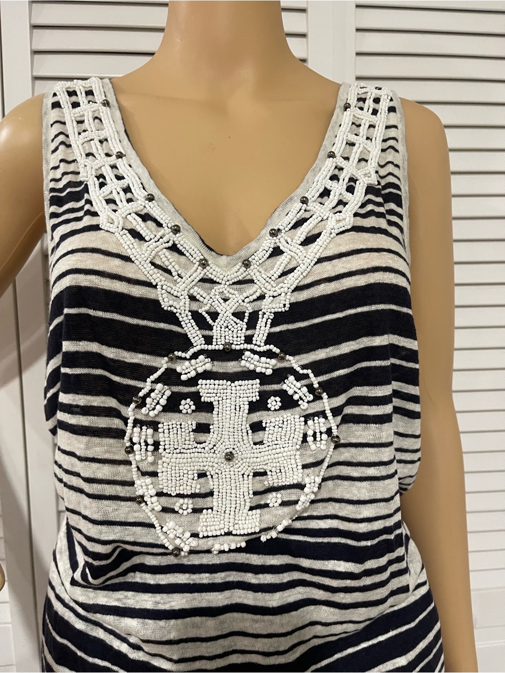 Tory Burch Navy & White Striped Beaded V-Neck Tank - Picture 2 of 7